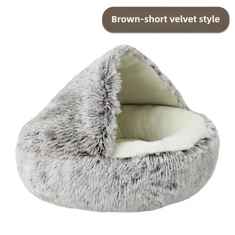 Pawsoul Plush Autumn & Winter Pet Bed – Soft, Warm, Semi-Enclosed Cat & Dog Nest