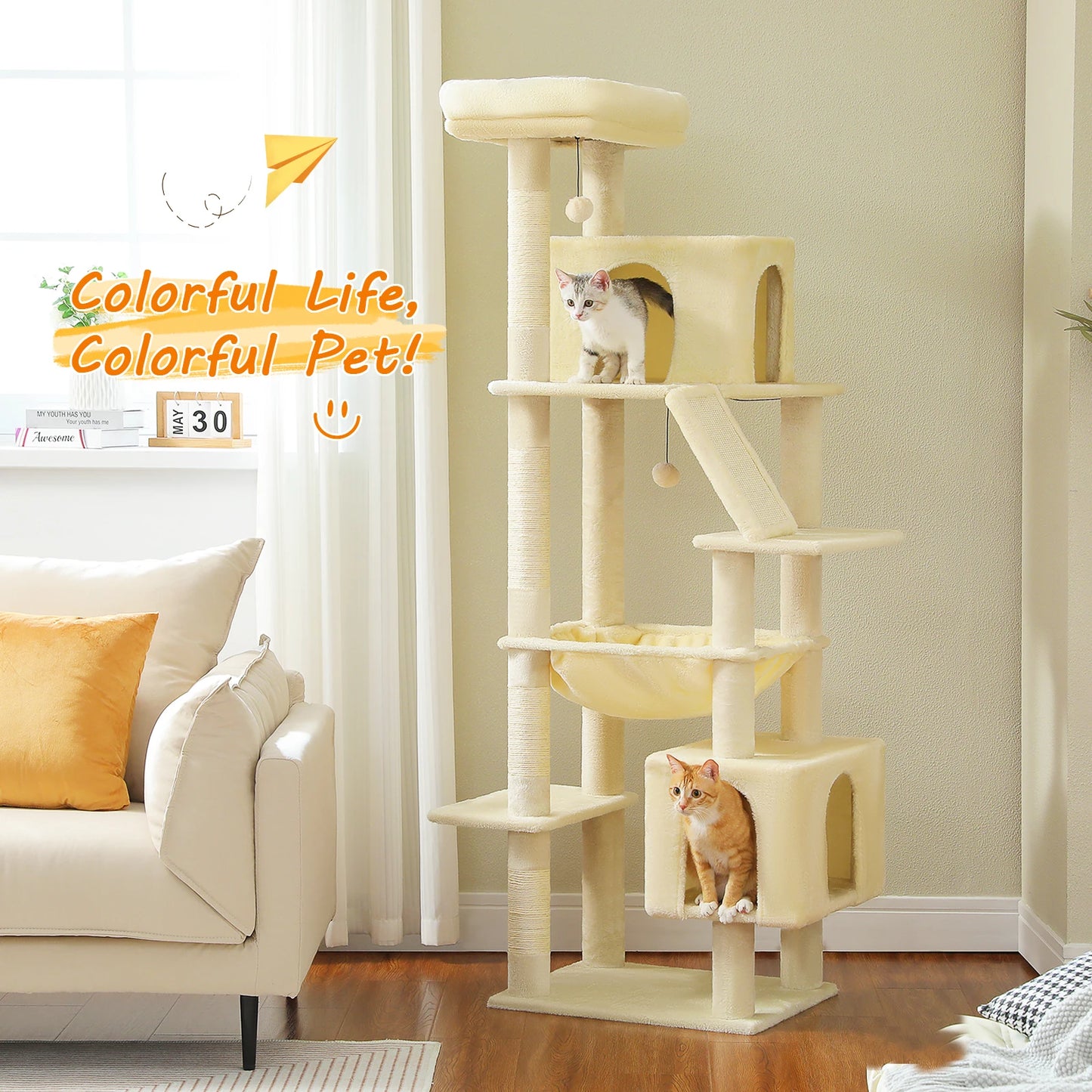 🐾 Pawsoul 180cm Large Cat Tree Tower – Multi-Level Cat Furniture with Hammock, Condos & Sisal Scratching Posts