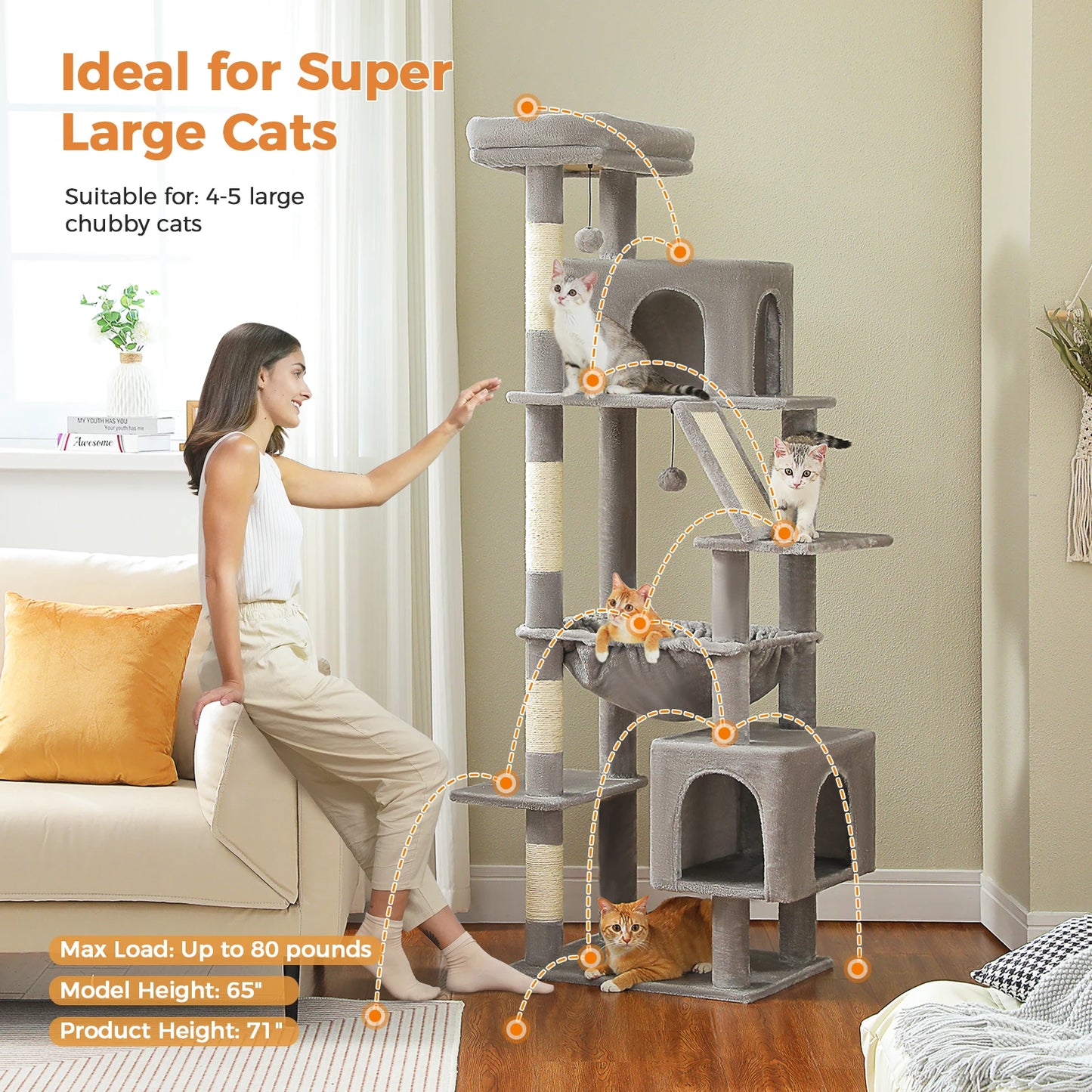 🐾 Pawsoul 180cm Large Cat Tree Tower – Multi-Level Cat Furniture with Hammock, Condos & Sisal Scratching Posts