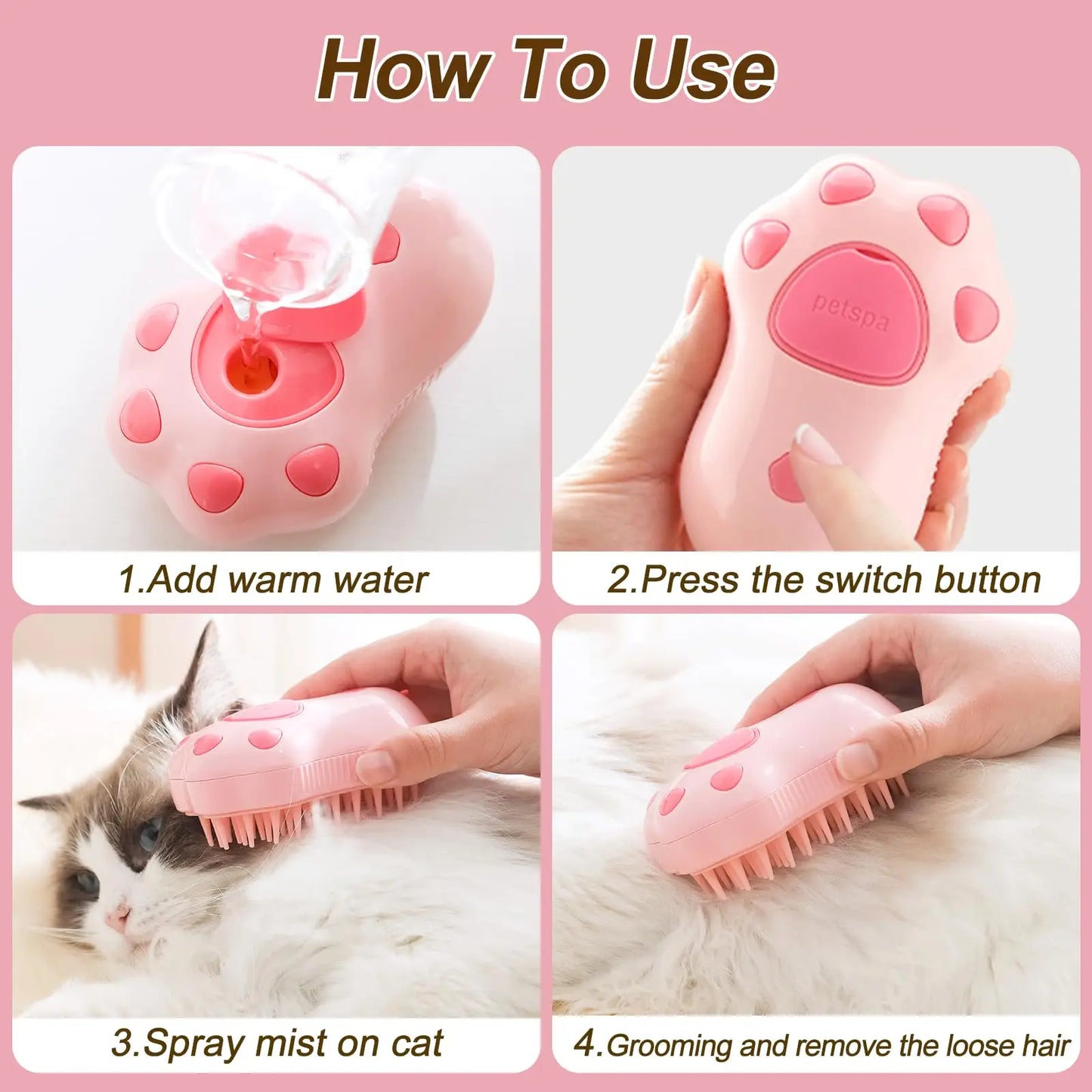 Pawsoul 3-in-1 Electric Pet Grooming Brush with Steam Spray – Hair Removal & Massage for Cats & Dogs
