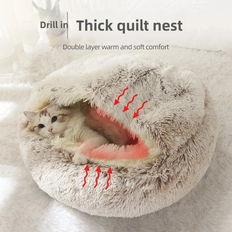 Pawsoul Plush Autumn & Winter Pet Bed – Soft, Warm, Semi-Enclosed Cat & Dog Nest