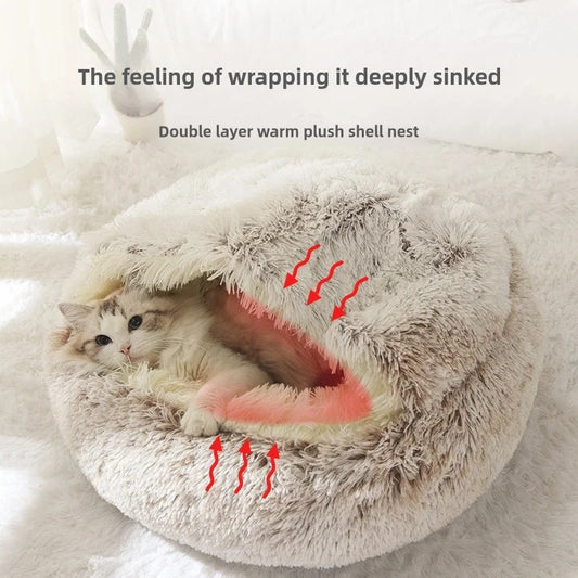 Pawsoul Plush Autumn & Winter Pet Bed – Soft, Warm, Semi-Enclosed Cat & Dog Nest