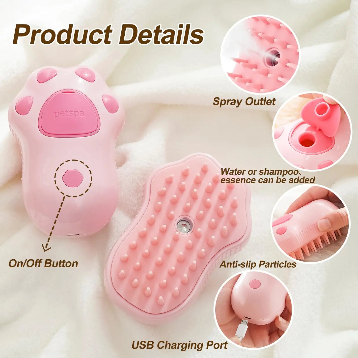 Pawsoul 3-in-1 Electric Pet Grooming Brush with Steam Spray – Hair Removal & Massage for Cats & Dogs