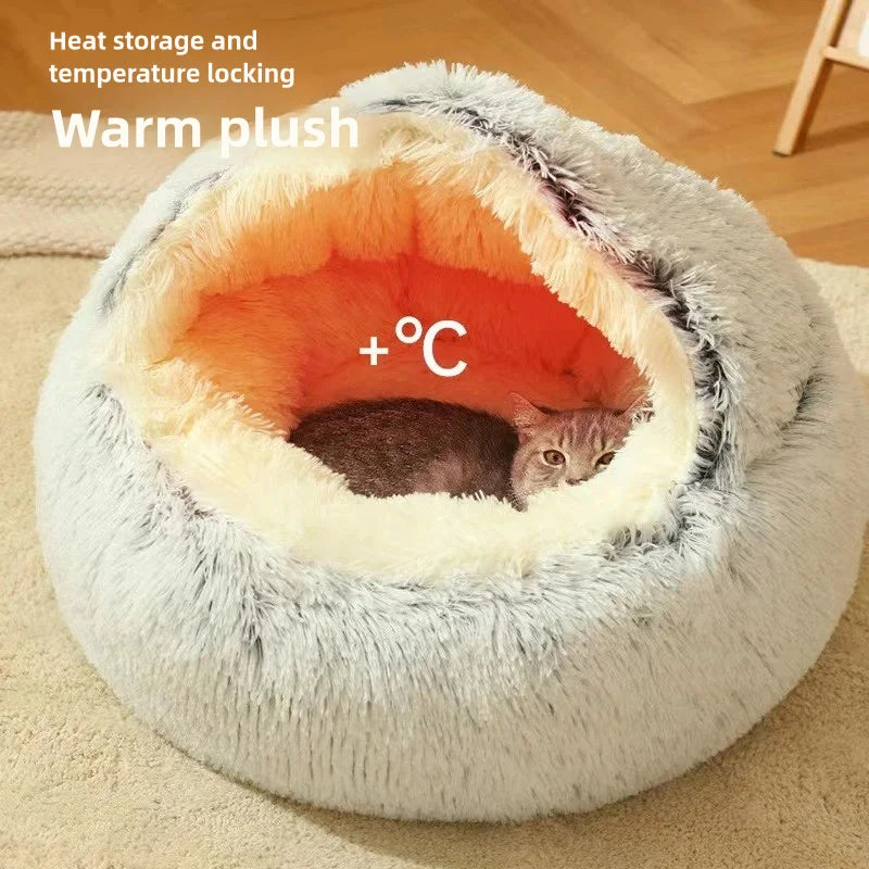 Pawsoul Plush Autumn & Winter Pet Bed – Soft, Warm, Semi-Enclosed Cat & Dog Nest