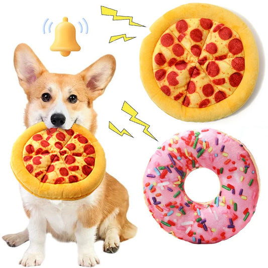 🧸 Pawsoul™ Plush Dog Toy – Fun Pizza & Donut Chew Toy with Squeaker