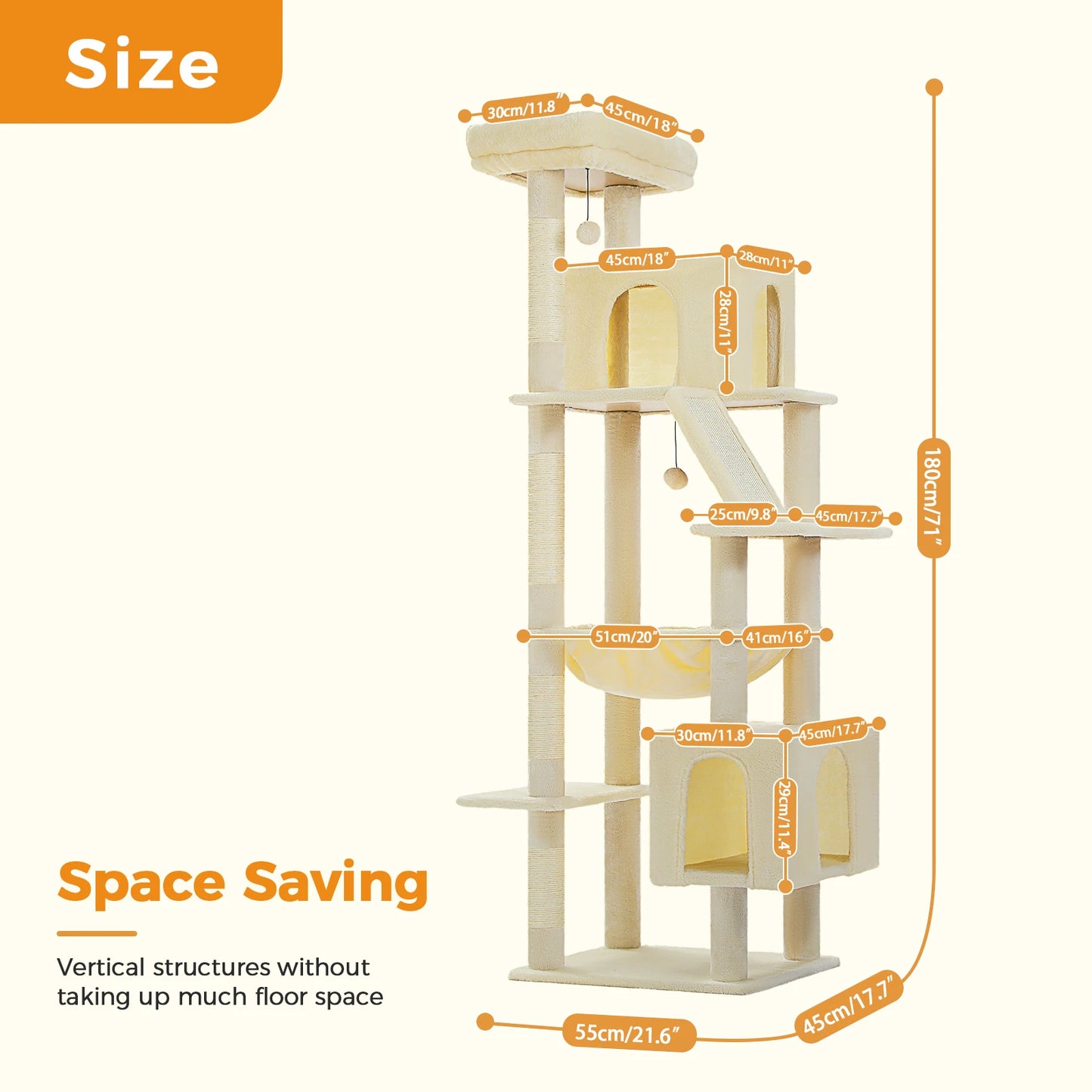 🐾 Pawsoul 180cm Large Cat Tree Tower – Multi-Level Cat Furniture with Hammock, Condos & Sisal Scratching Posts
