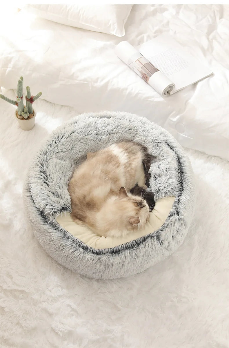 Pawsoul Plush Autumn & Winter Pet Bed – Soft, Warm, Semi-Enclosed Cat & Dog Nest